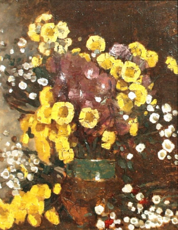 Natura morta con fiori gialli, bianchi e rosa - olio su cartone, Museo Nazionale d'Arte della Romania